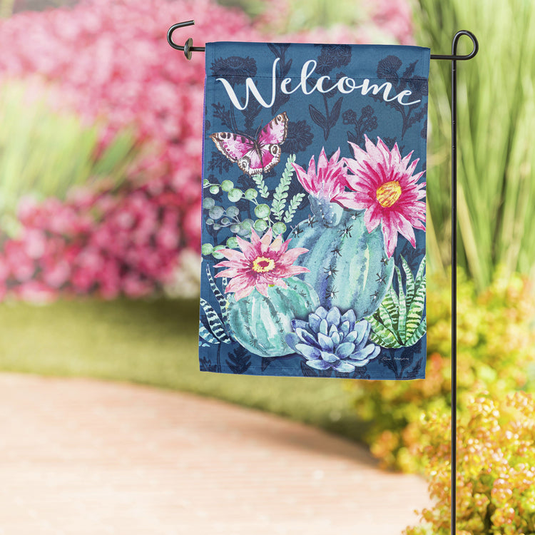 Blue Cactus Blooms Printed Suede Garden Flag; Polyester 12.5"x18"
