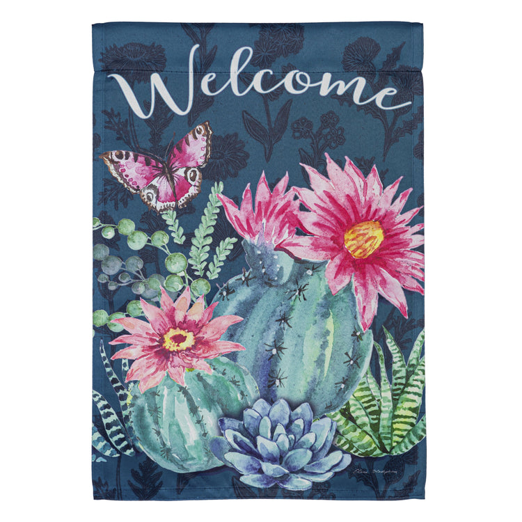 Blue Cactus Blooms Printed Suede Garden Flag; Polyester 12.5"x18"