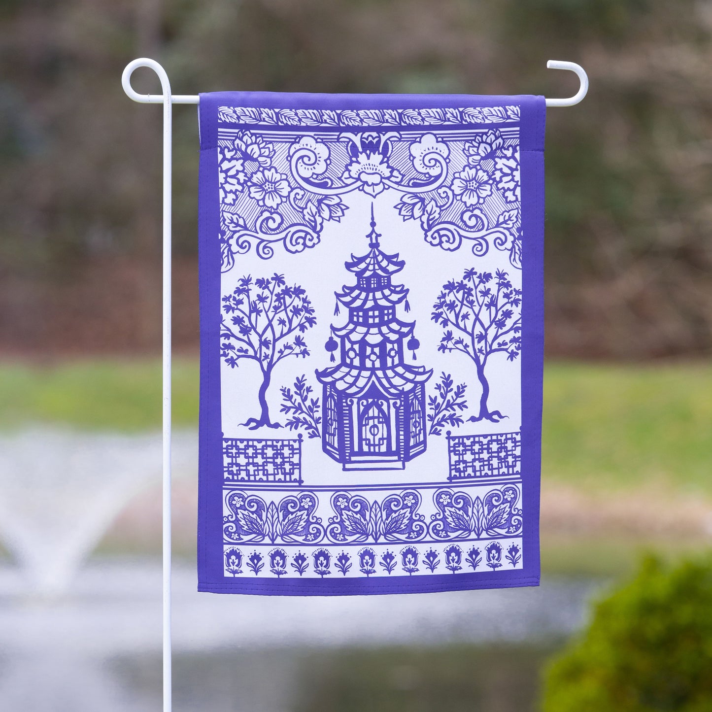 Blue and White Pagoda Garden Flag