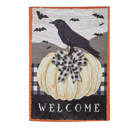 White Pumpkin with Black Crow Printed Suede Garden Flag; Polyester 12.5"x18"