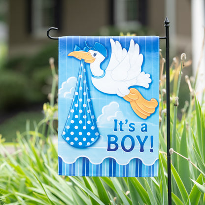 Stork with Special Baby Boy Delivery Suede Garden Flag; Polyester 12.5"x18"