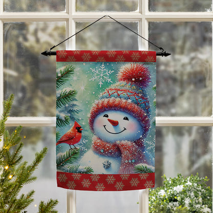 Snowman with Cardinal Printed Suede Garden Flag; Polyester 12.5"x18"