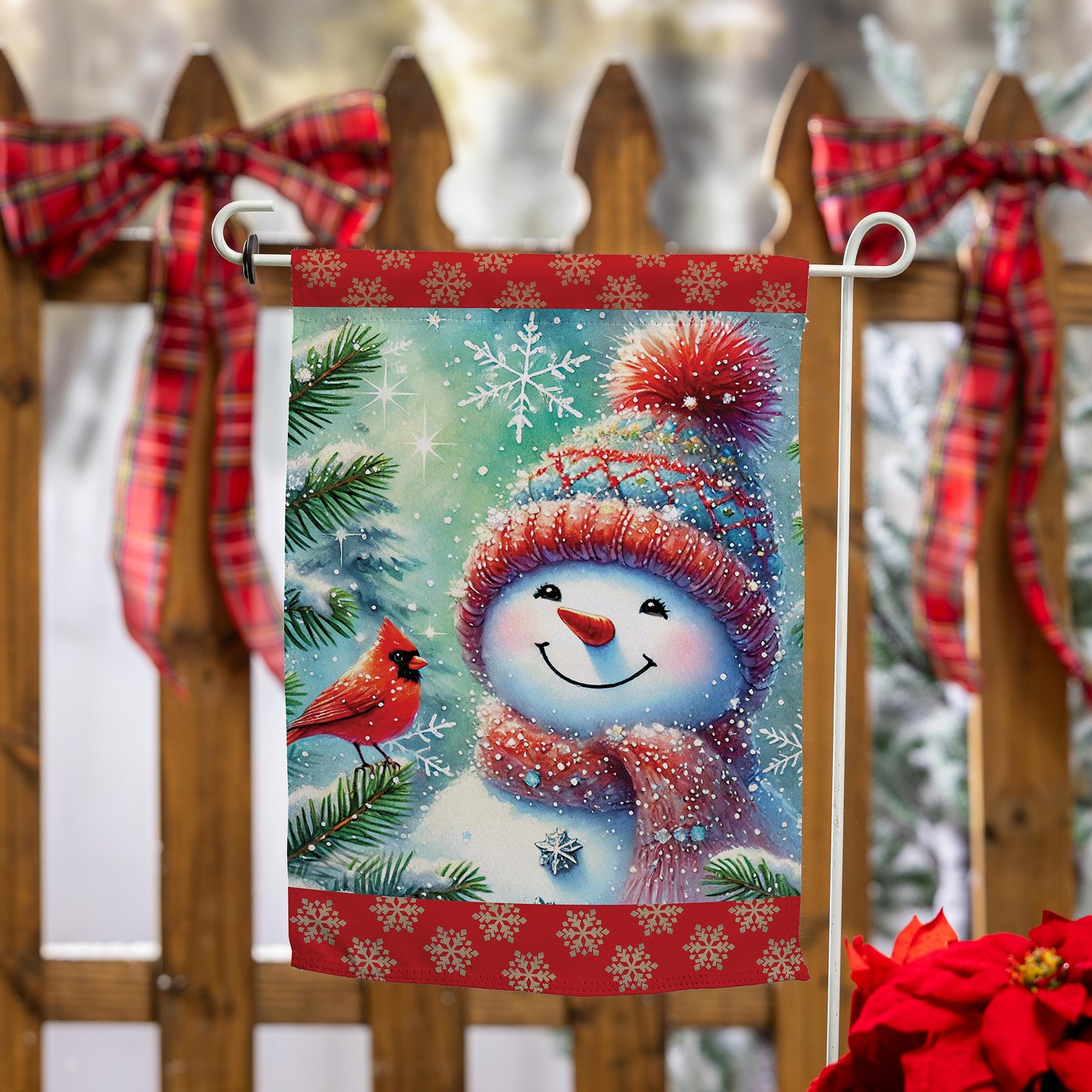 Snowman with Cardinal Printed Suede Garden Flag; Polyester 12.5"x18"
