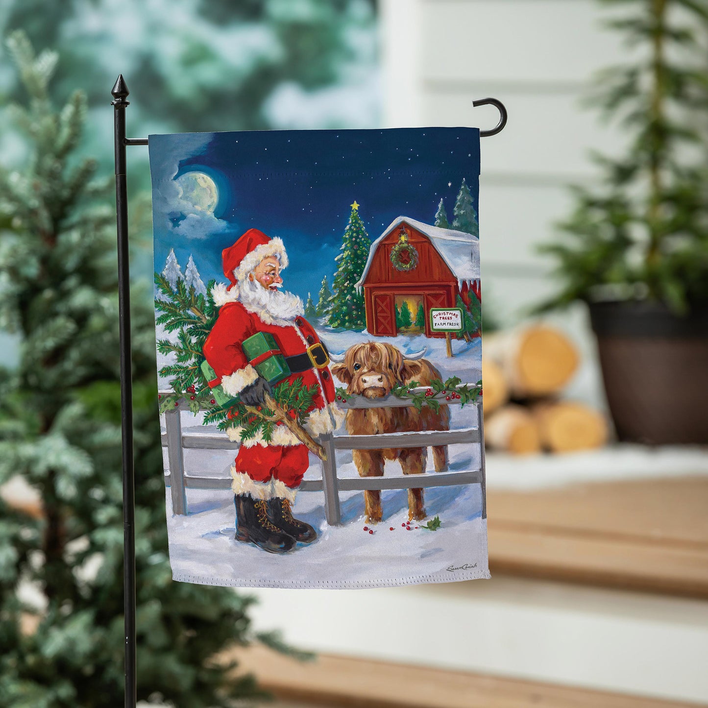 Santa & Highland Cow Printed Suede Garden Flag; Polyester 12.5"x18"