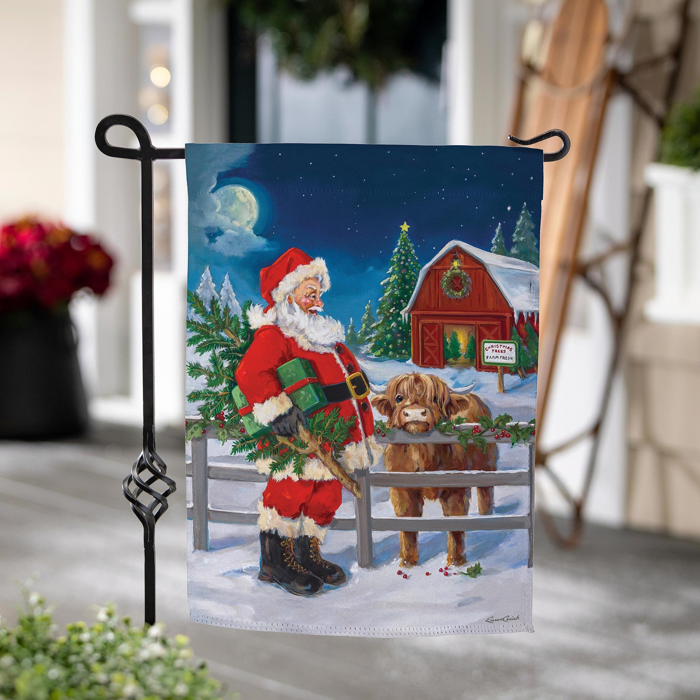 Santa & Highland Cow Printed Suede Garden Flag; Polyester 12.5"x18"