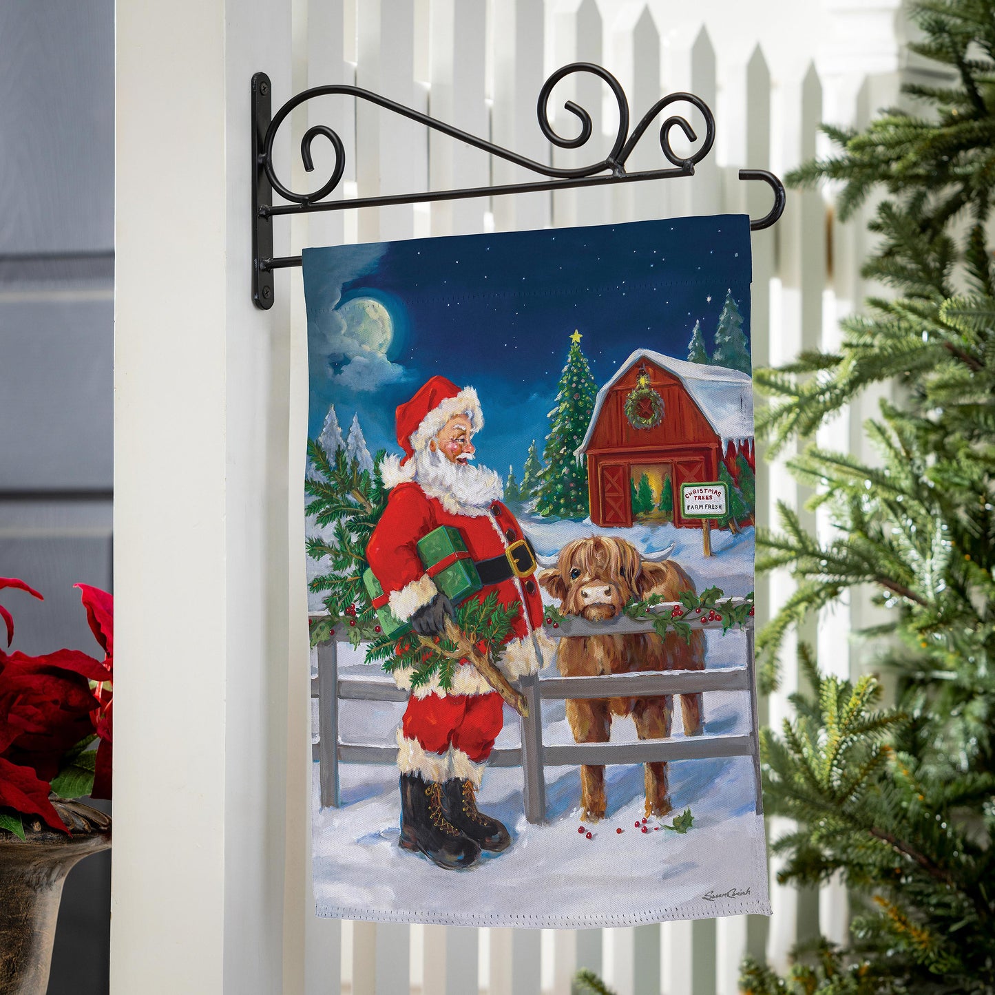 Santa & Highland Cow Printed Suede Garden Flag; Polyester 12.5"x18"