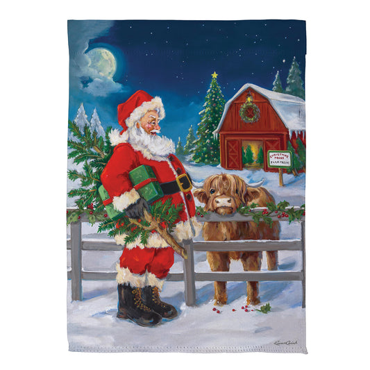 Santa & Highland Cow Printed Suede Garden Flag; Polyester 12.5"x18"