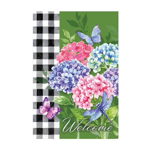 Hydrangea Checks Printed Suede Garden Flag; Polyester 12.5"x18"