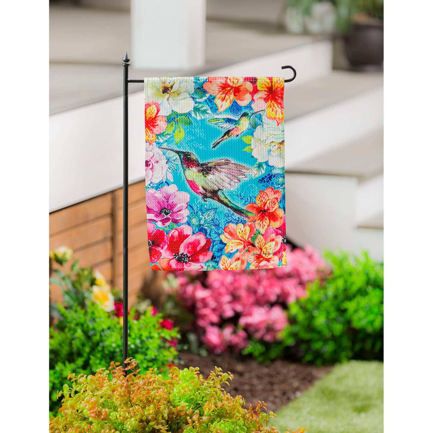 Bright Flowers and Hummingbirds Garden Flag