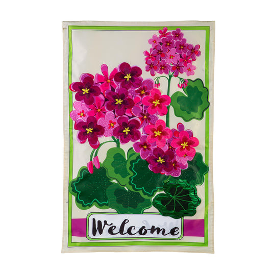 Pink Geranium Welcome Applique House Flag; Polyester 28"x44"