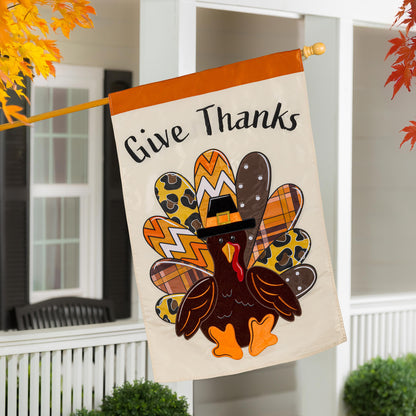 Give Thanks Patterned Turkey Printed/Applique House Flag; Polyester 28"x44"