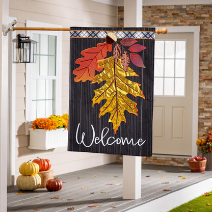 Welcome Autumn Leaves Printed/Applique House Flag; Polyester 28"x44"