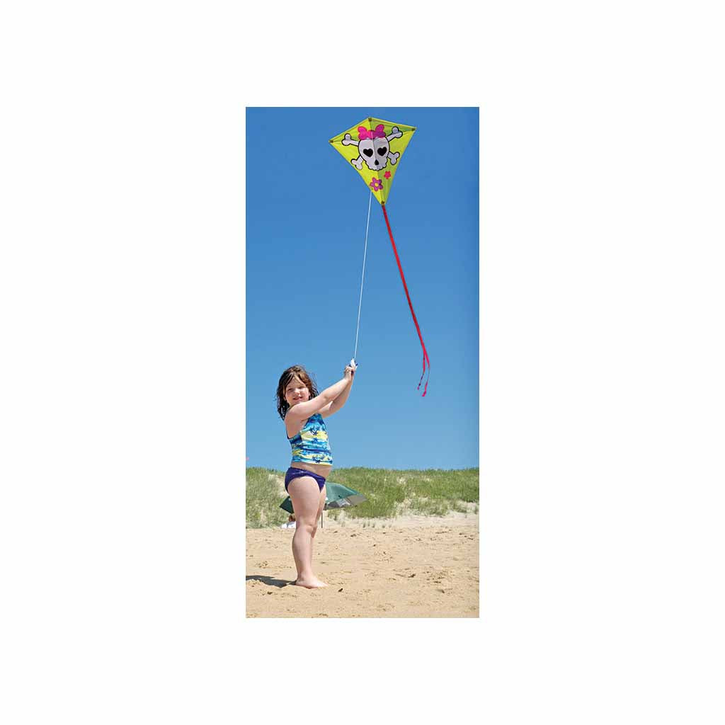 Girlie Skull & Crossbones Nylon Diamond Kite with Tails, Fiberglass & Hardwood Dowel Frame to include 300 ft. 20 lb. Test Line & Winder