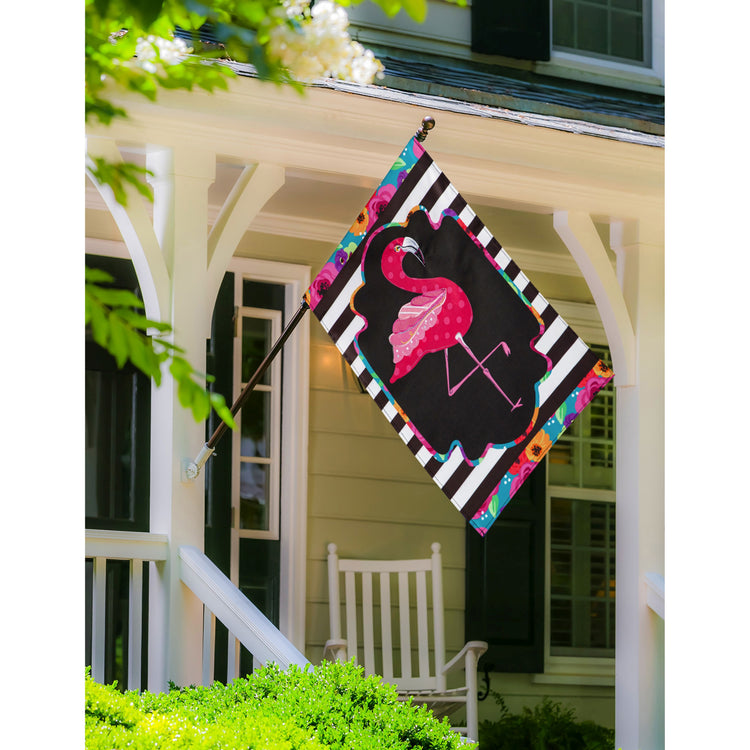 Flamingo Stripes and Flowers Applique House Flag; Polyester 28"x44"