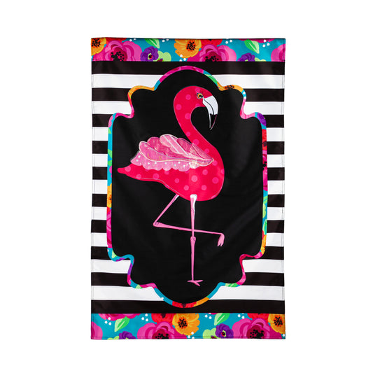 Flamingo Stripes and Flowers Applique House Flag; Polyester 28"x44"