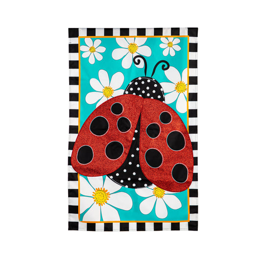 Ladybug with Daisies Printed/ Applique House Flag; Polyester 28"x44"