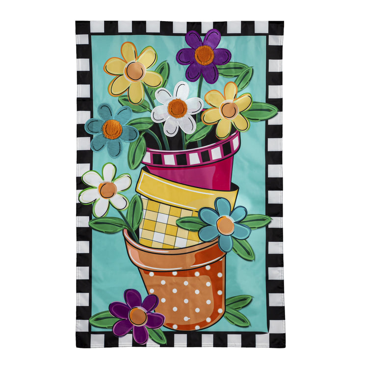Stacked Spring Flower Pots Printed/ Applique House Flag; Polyester 28"x44"
