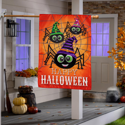 Happy Halloween Spiders Pumpkin Printed/Applique House Flag; Polyester 28"x44"
