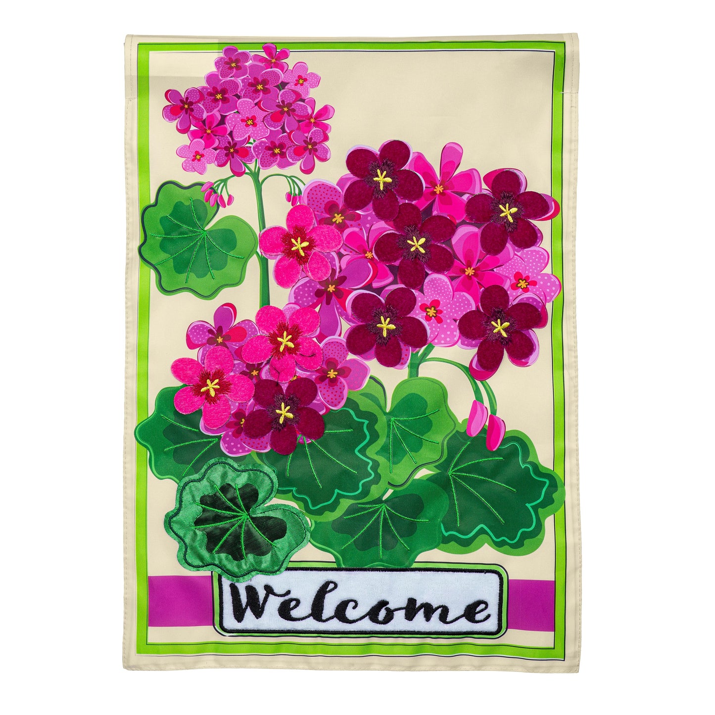 Pink Geranium Welcome Printed/Applique Garden Flag; Polyester