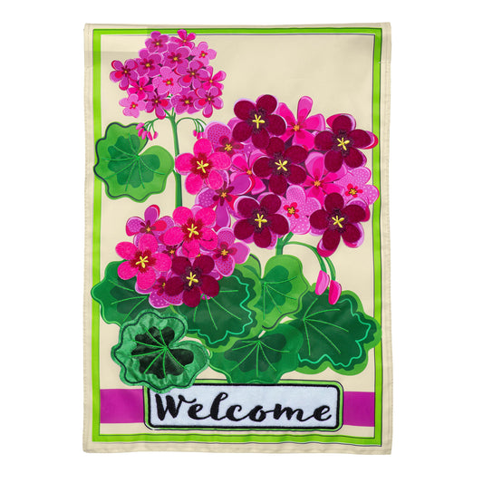 Pink Geranium Welcome Printed/Applique Garden Flag; Polyester