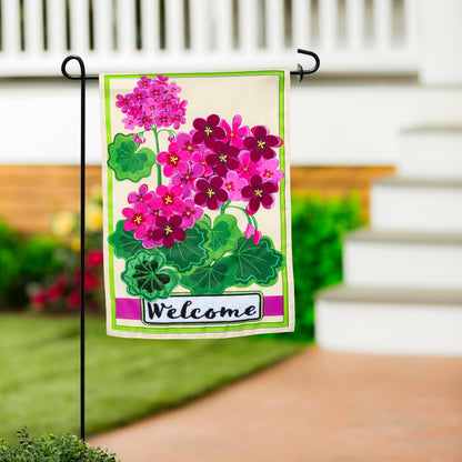 Pink Geranium Welcome Printed/Applique Garden Flag; Polyester