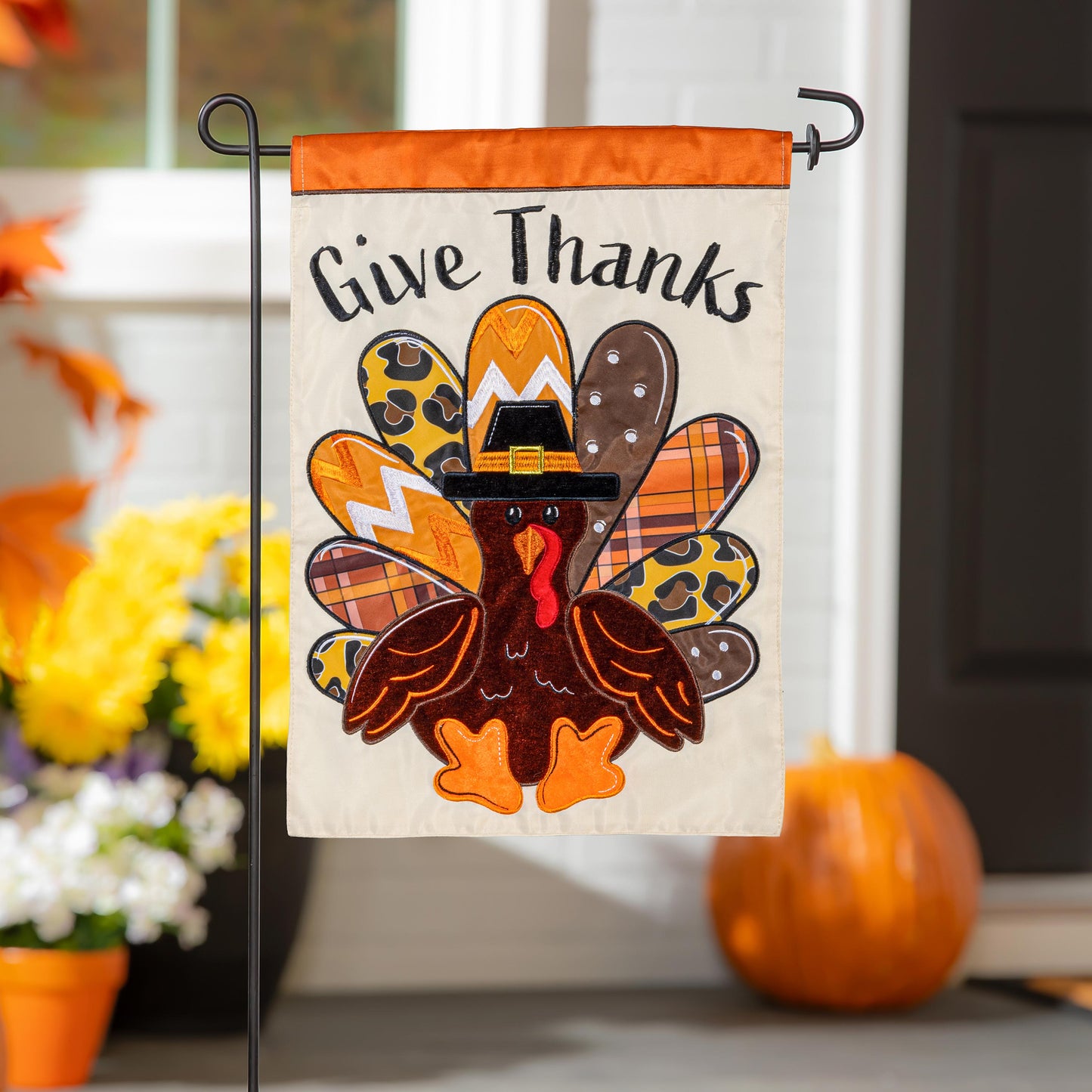 Give Thanks Patterned Turkey Printed/Applique Garden Flag; Polyester 12.5"x18"