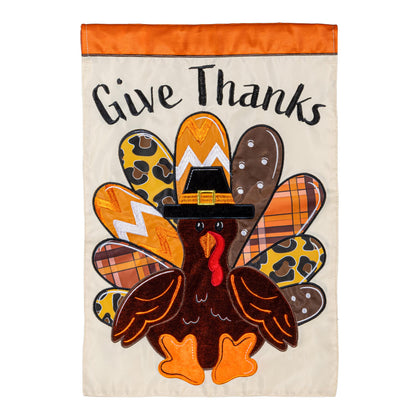 Give Thanks Patterned Turkey Printed/Applique Garden Flag; Polyester 12.5"x18"