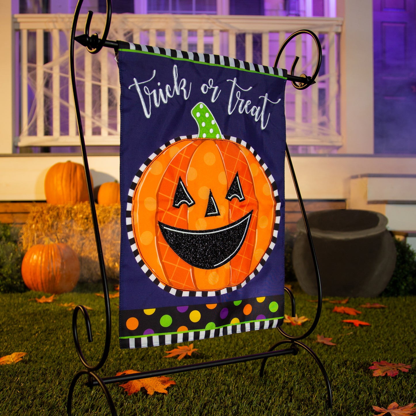 Patterned Jack-o-Lantern Applique Garden Flag; Polyester 12.5"x18"