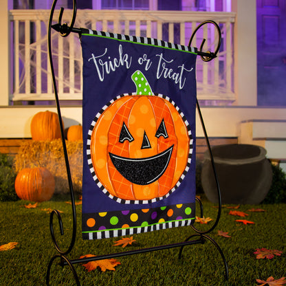 Patterned Jack-o-Lantern Applique Garden Flag; Polyester 12.5"x18"