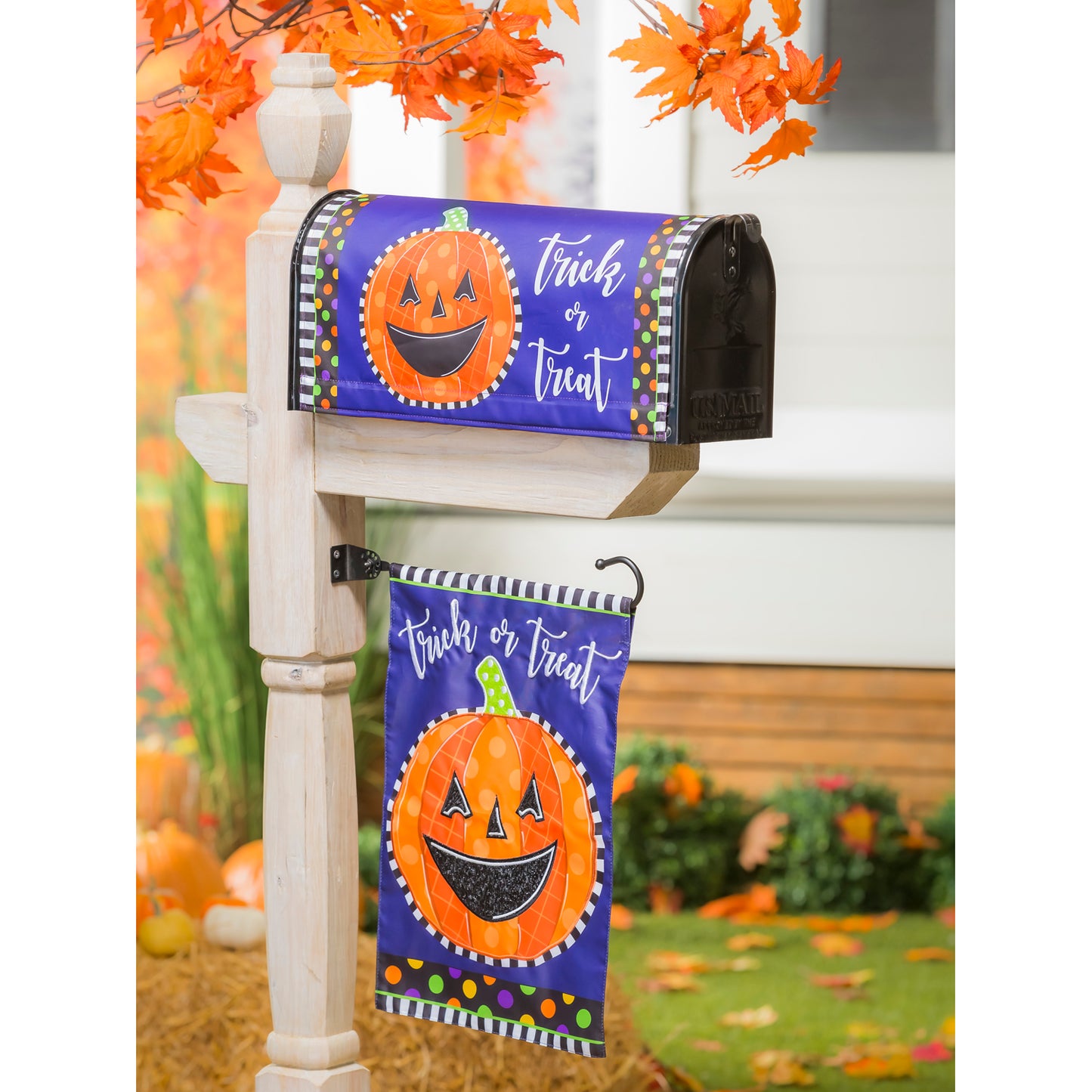 Patterned Jack-o-Lantern Applique Garden Flag; Polyester 12.5"x18"