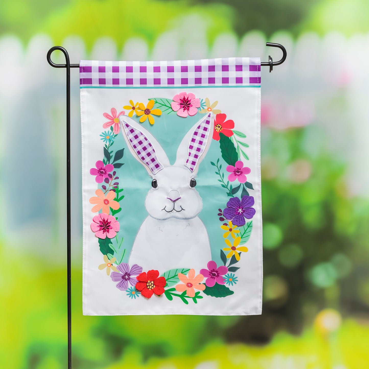Gingham Bunny Garden Flag; Polyester 12.5"x18"