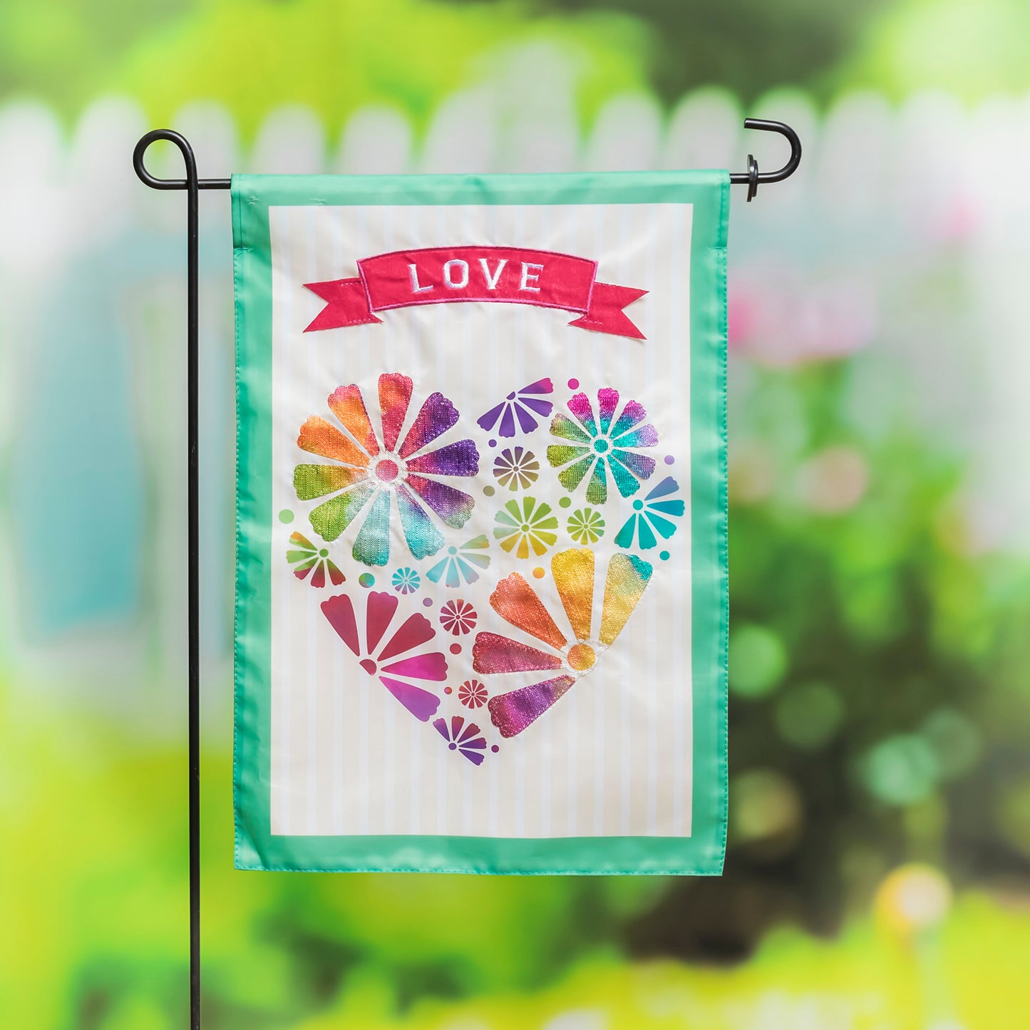 Multicolor Heart Applique Garden Flag; Polyester 12.5"x18"