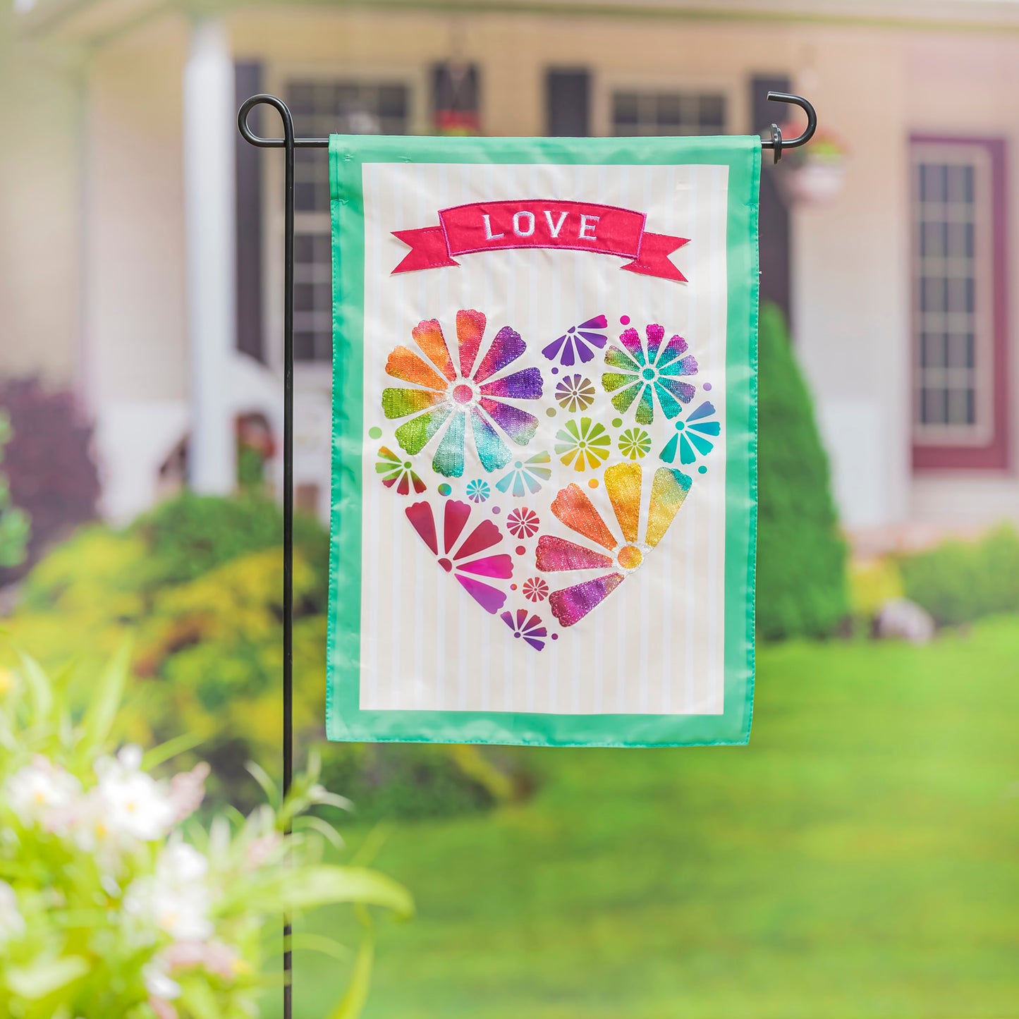 Multicolor Heart Applique Garden Flag; Polyester 12.5"x18"