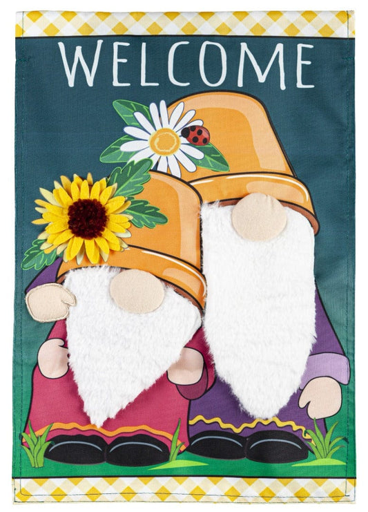 Flower Pot Gnomes Applique Garden Flag; Polyester 12.5"x18"