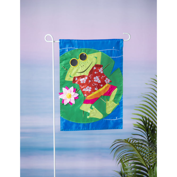 Frog's Summer Vacation Applique Garden Flag; Polyester 12.5"x18"