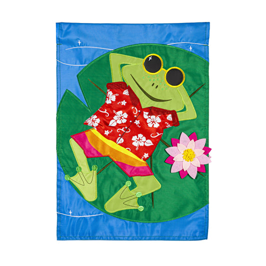 Frog's Summer Vacation Applique Garden Flag; Polyester 12.5"x18"