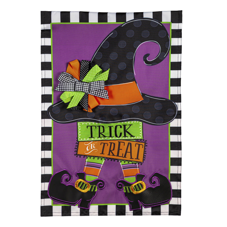 Trick or Treat Witch Printed/Applique Garden Flag; Polyester 12.5"x18"