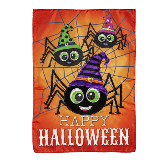 Happy Halloween Spiders Printed/Applique Garden Flag; Polyester 12.5"x18"