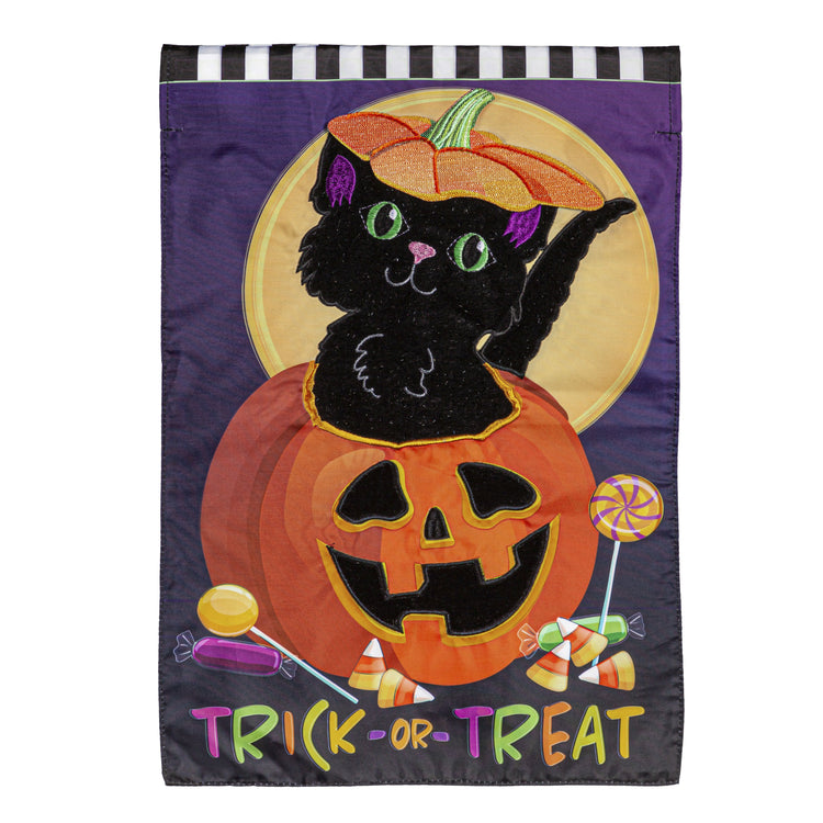 Trick or Treat Kitten Printed/Applique Garden Flag; Polyester 12.5"x18"