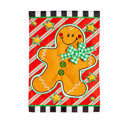 Patterned Gingerbread Man Applique Garden Flag; Polyester 12.5"x18"