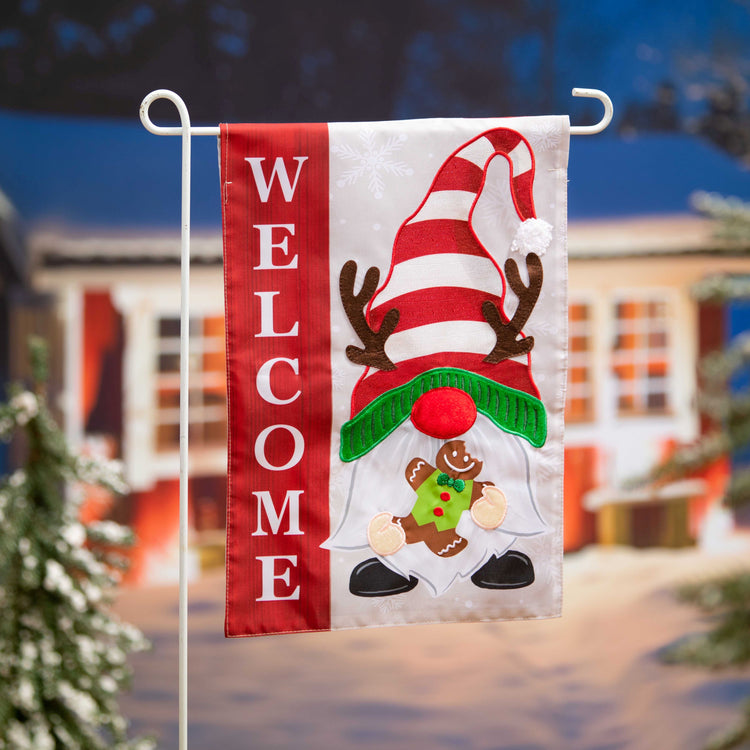 Holiday Gnome Applique Garden Flag; Polyester 12.5"x18"