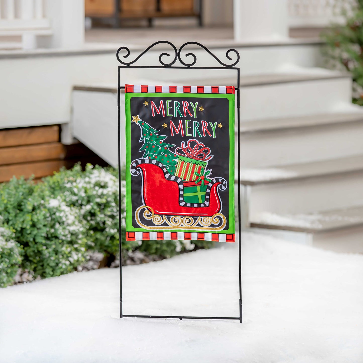 Patterned Christmas Sleigh Applique Garden Flag; Polyester 12.5"x18"