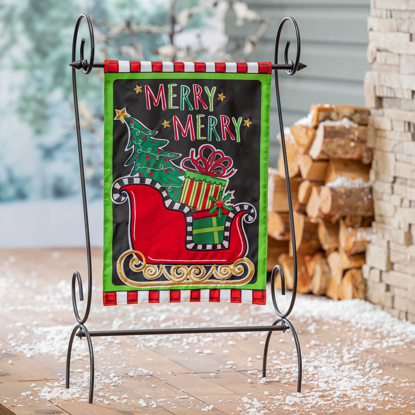 Patterned Christmas Sleigh Applique Garden Flag; Polyester 12.5"x18"