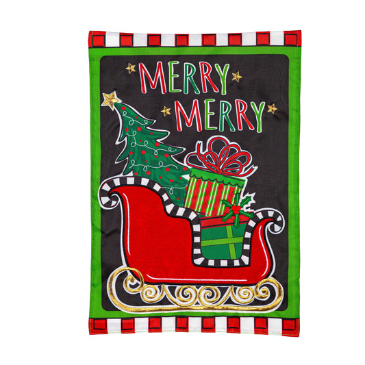 Patterned Christmas Sleigh Applique Garden Flag; Polyester 12.5"x18"