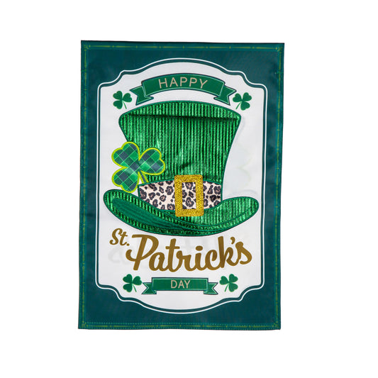 St Patrick's Day Top Hat Printed/Applique Garden Flag; Polyester 12.5"x18"