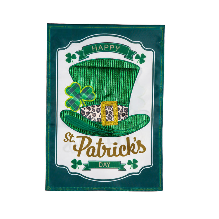 St Patrick's Day Top Hat Printed/Applique Garden Flag; Polyester 12.5"x18"