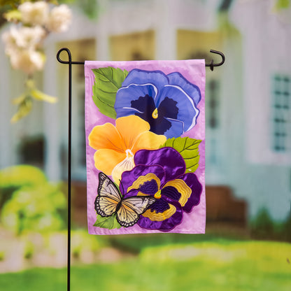 Pansy & Butterfly Printed/Applique Garden Flag; Polyester 12.5"x18"
