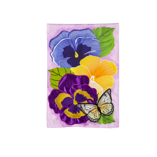 Pansy & Butterfly Printed/Applique Garden Flag; Polyester 12.5"x18"