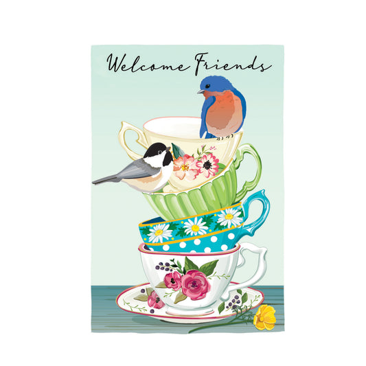 Songbirds & Teacups Printed/Applique Garden Flag; Polyester 12.5"x18"
