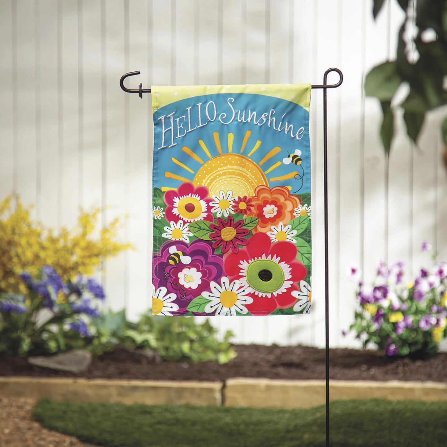 Hello Sunshine Applique Garden Flag; Polyester 12.5"x18"